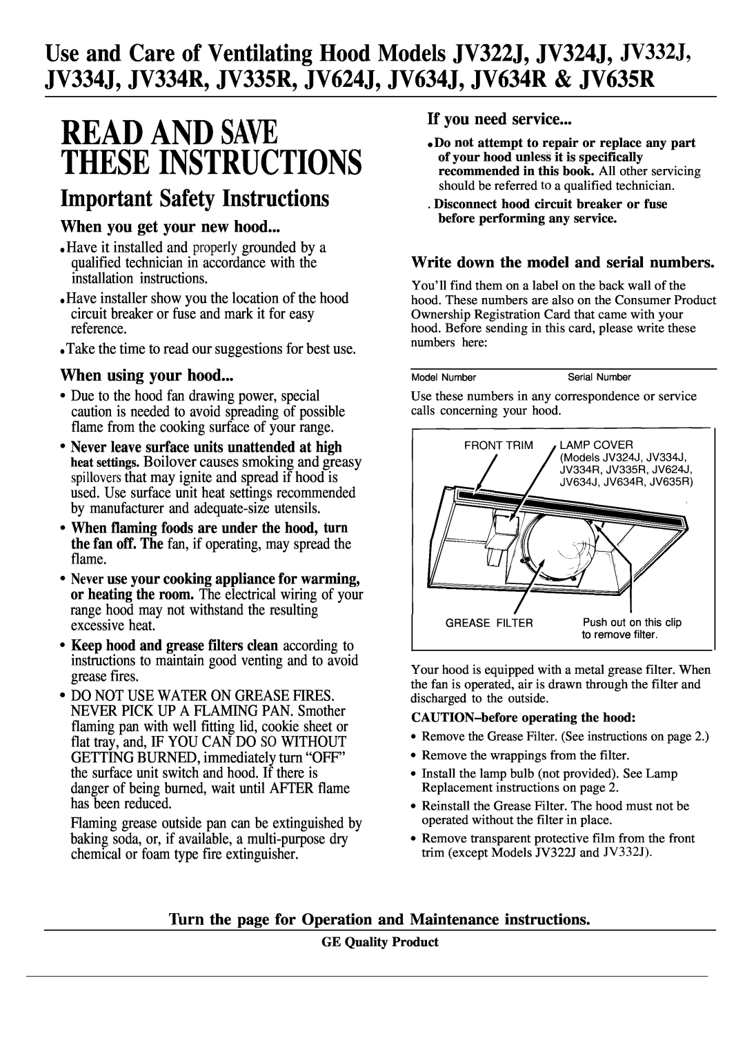 GE JV332J important safety instructions Important Safety Instructions, When you get your new hood, When using your hood 