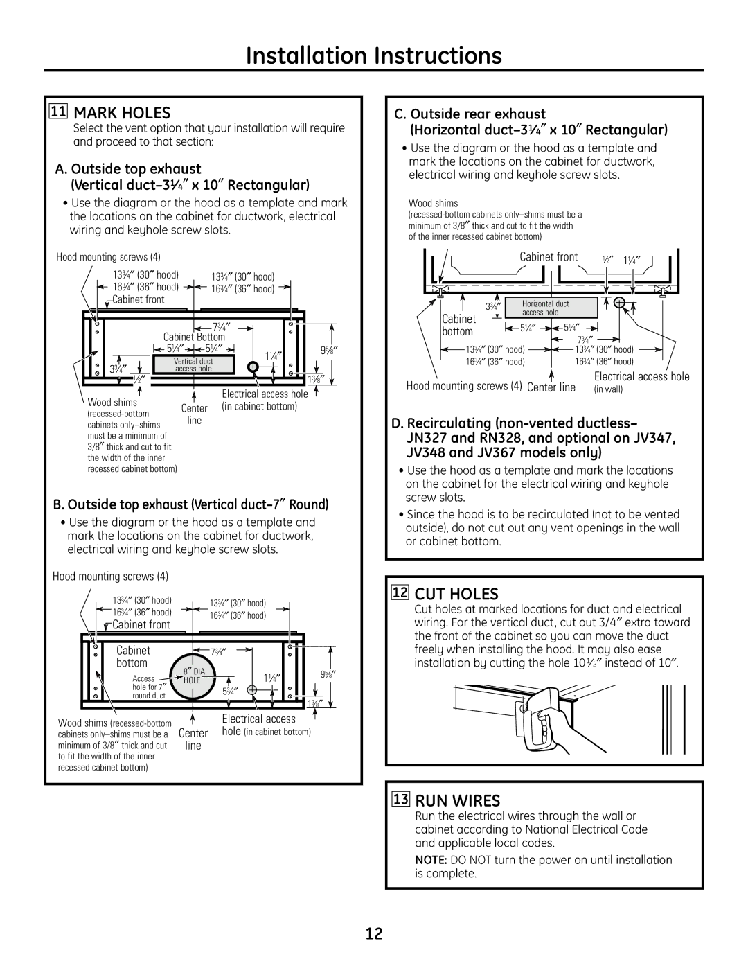 GE JV338, JN327, JV348, JV347, JV367, RN328 installation instructions Mark Holes, CUT Holes, RUN Wires 