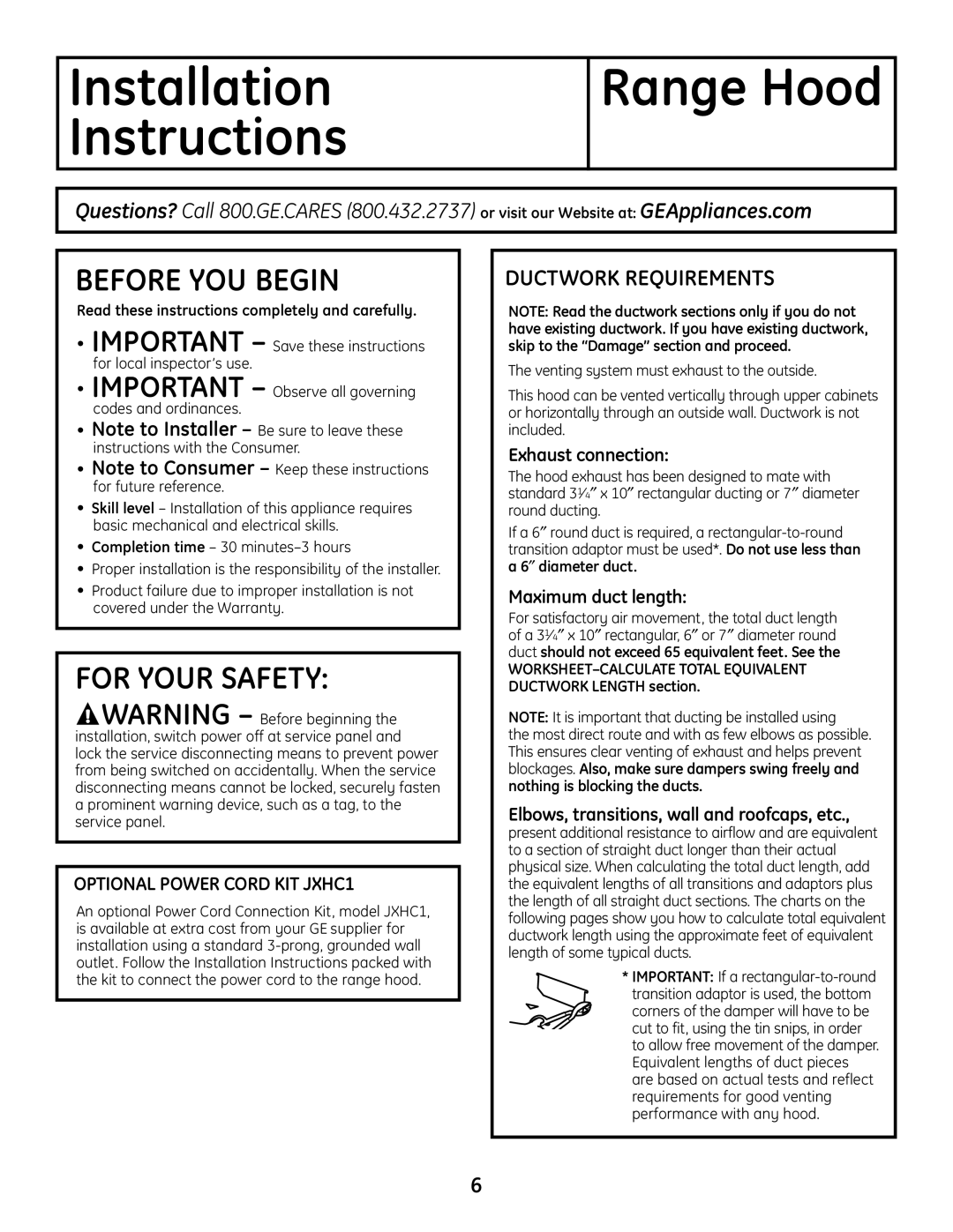 GE JV338 Ductwork Requirements, Exhaust connection, Maximum duct length, Elbows, transitions, wall and roofcaps, etc 