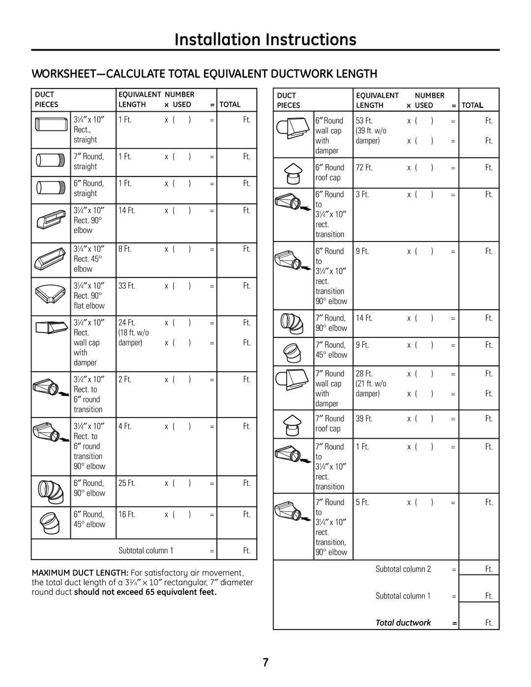 GE JN327, JV338, JV348, JV347, JV367, RN328 Installation Instructions, WORKSHEET-CALCULATE Total Equivalent Ductwork Length 