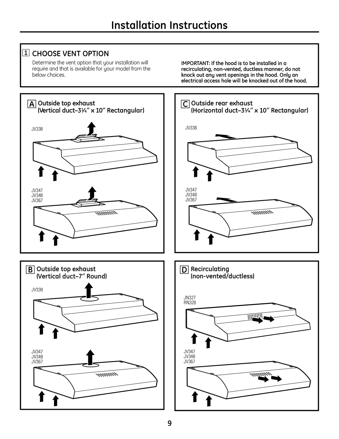 GE JV347, JV338, JN327, JV348, JV367, RN328 Choose Vent Option, Outside top exhaust, Outside rear exhaust, Recirculating 