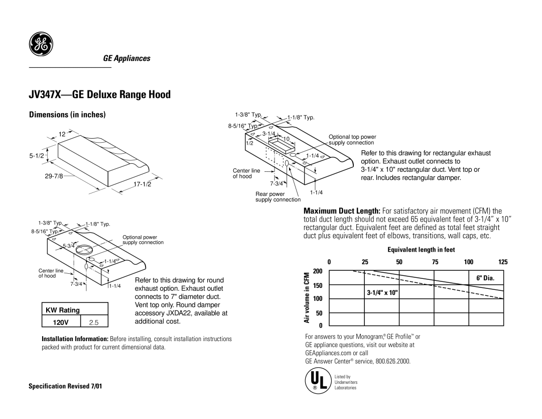 GE JV347XAA, JV347XBB, JV347XCC, JV347XWW dimensions JV347X-GE Deluxe Range Hood, Dimensions in inches, Cfm 