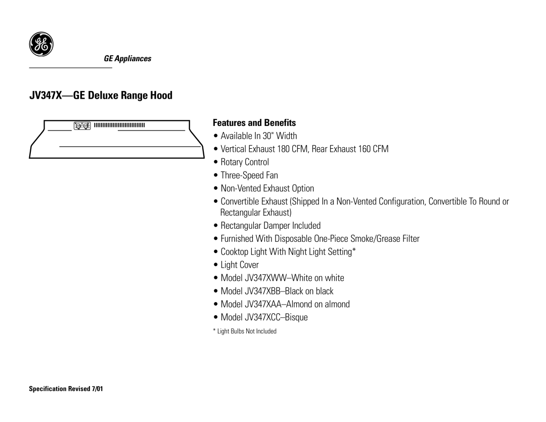 GE JV347XBB, JV347XAA, JV347XCC, JV347XWW dimensions Features and Benefits 