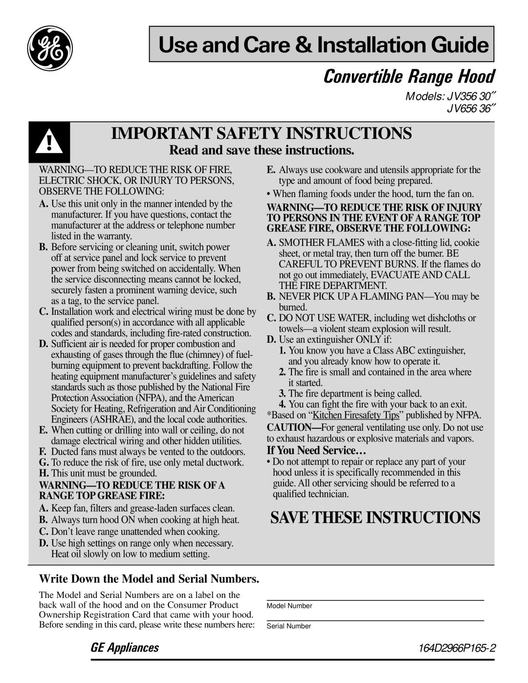 GE JV656 36, JV356 30 important safety instructions Important Safety Instructions, If You Need Service… 