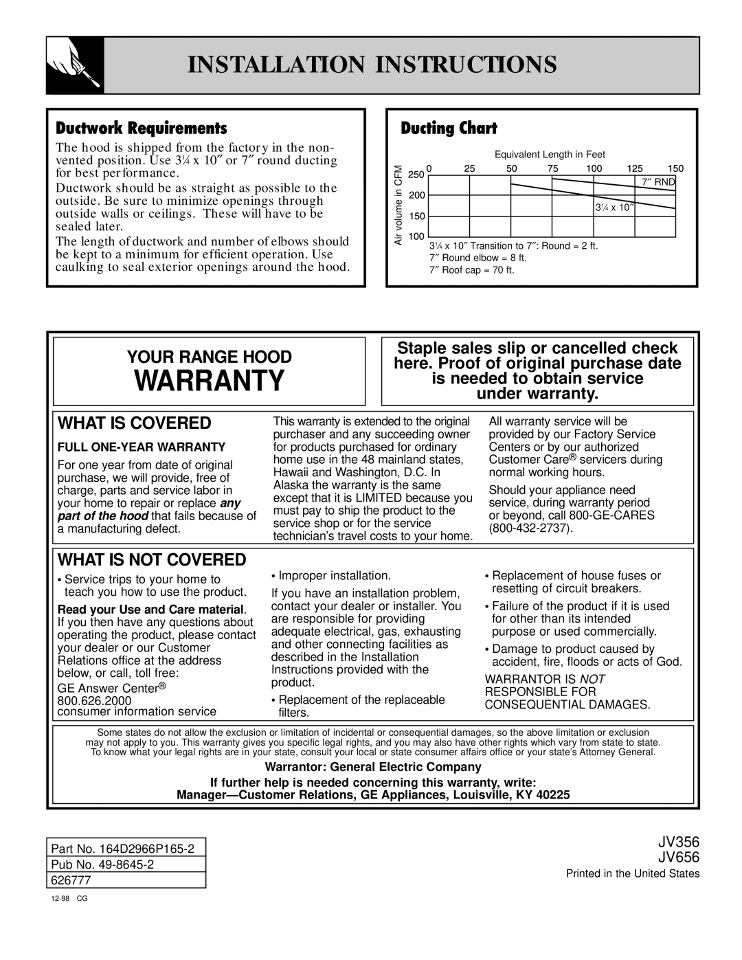 GE JV356 30, JV656 36 important safety instructions Ductwork Requirements, Ducting Chart 