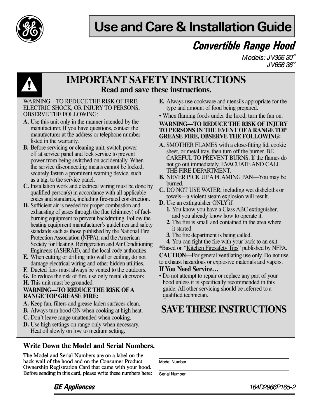 GE JV656 36 important safety instructions Important Safety Instructions, Save These Instructions, If You Need Service… 