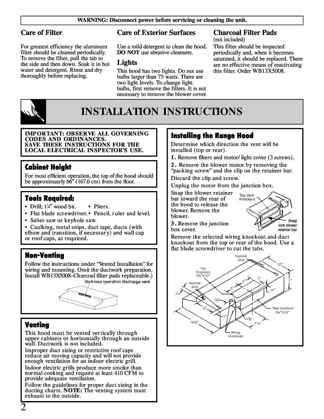 GE JV356 30 Installation Instructions, Cabinet Height, Installing the Range Hood, Tools Required, Non-Venting, Lights 