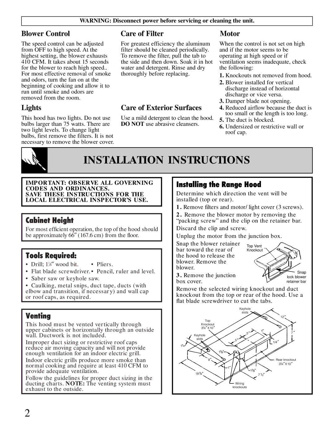 GE JV376 Installation Instructions, Cabinet Height, Installing the Range Hood, Tools Required, Venting 