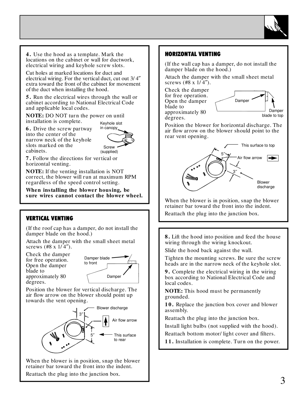 GE JV376 important safety instructions Vertical Venting 