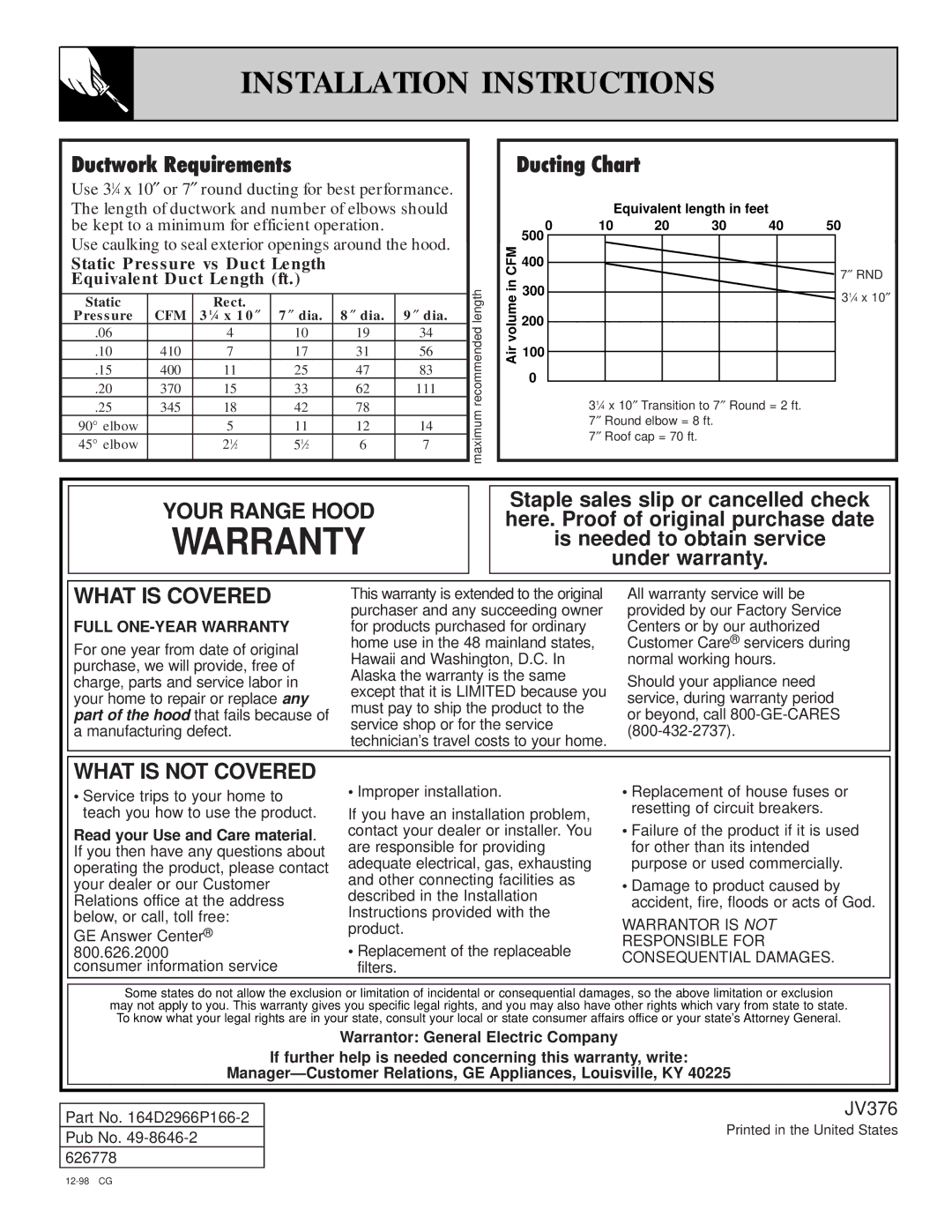 GE JV376 important safety instructions Ductwork Requirements, Ducting Chart 