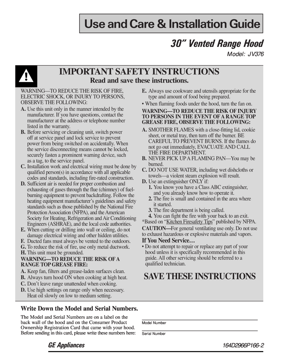 GE JV376 important safety instructions Important Safety Instructions, Save These Instructions, If You Need Service… 