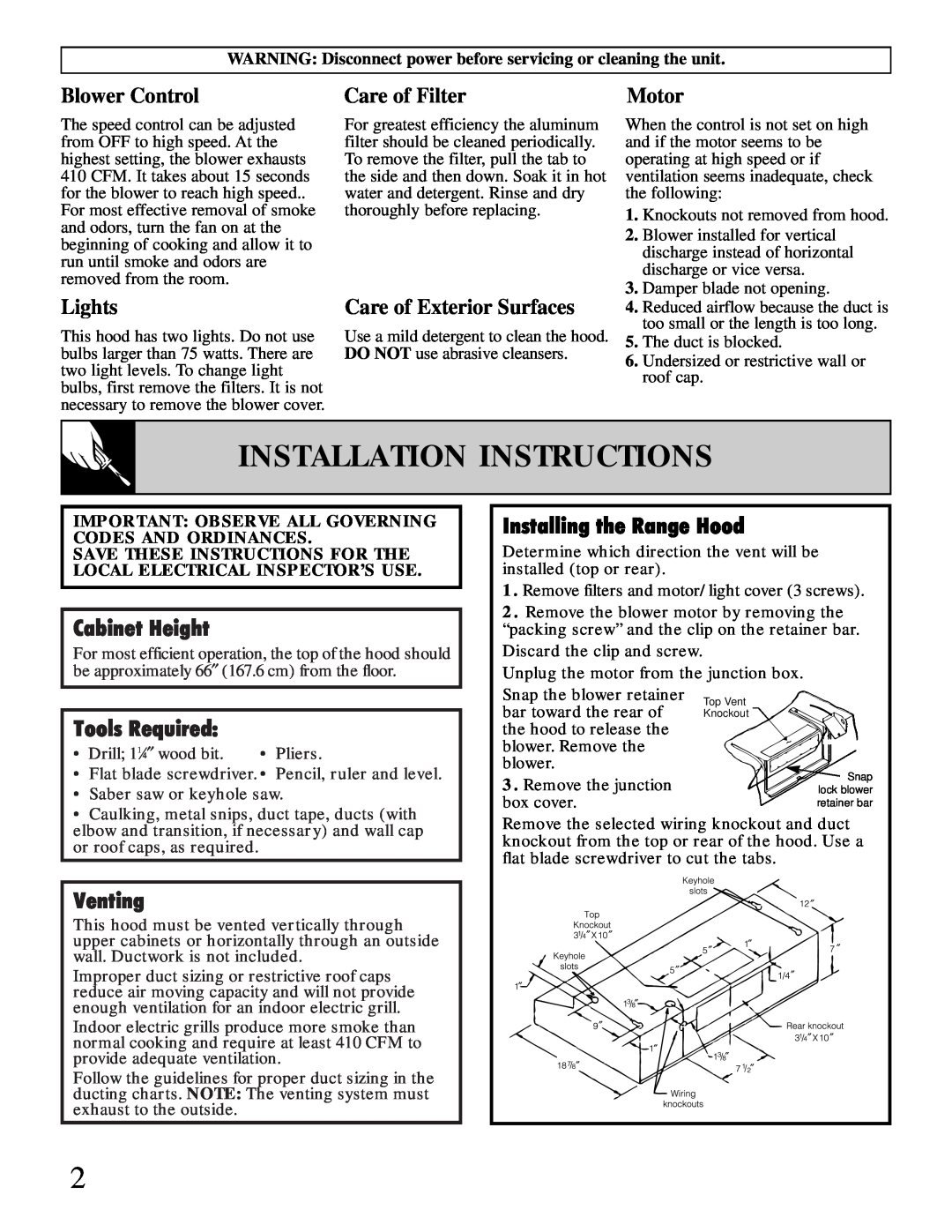 GE JV376 Installation Instructions, Cabinet Height, Installing the Range Hood, Tools Required, Venting, Blower Control 