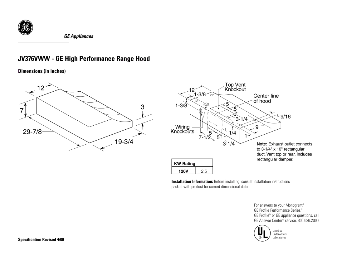 GE installation instructions JV376VWW GE High Performance Range Hood 