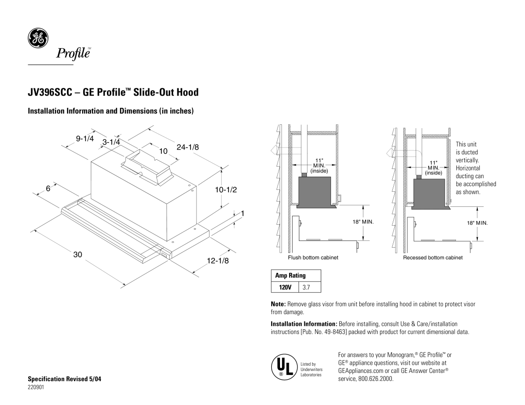 GE JV394S dimensions JV396SCC GE Profile Slide-Out Hood, Installation Information and Dimensions in inches, 10-1/2, 12-1/8 