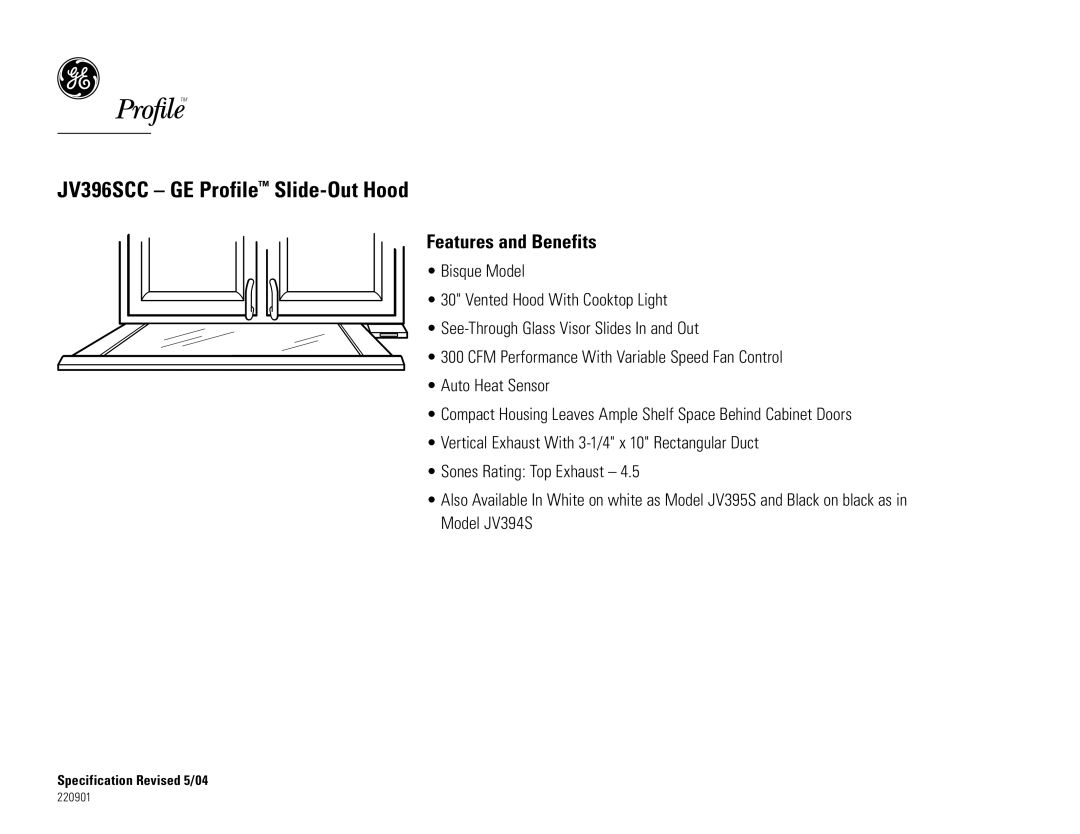 GE JV396SCC, JV394S dimensions Features and Benefits 