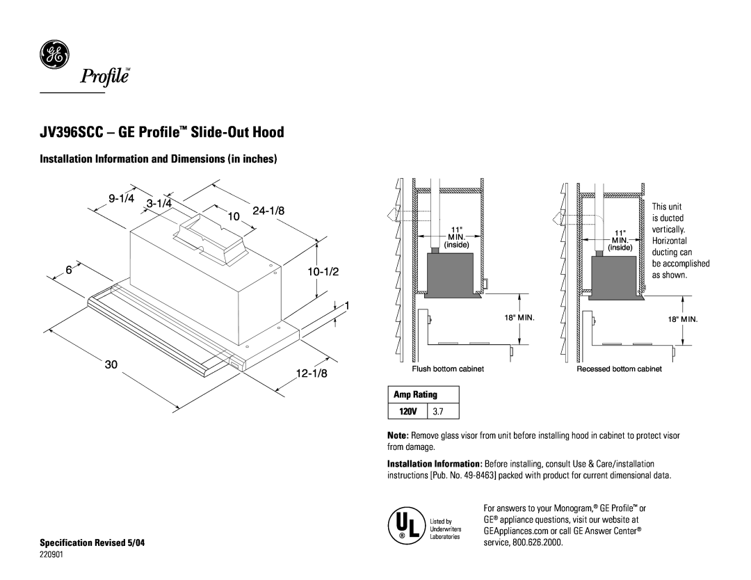 GE JV394S dimensions JV396SCC - GE Profile Slide-Out Hood, Installation Information and Dimensions in inches, 9-1/4 3-1/4 
