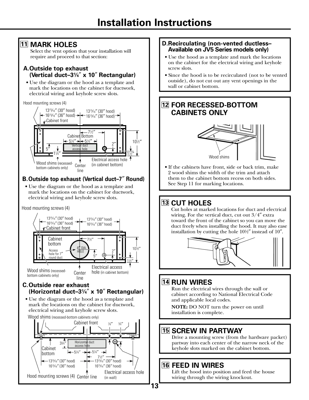 GE JV535, JV536, JV565, JV566, JV635, JV636, JV665, JV666 owner manual Mark Holes, CUT Holes, RUN Wires, Screw in Partway 