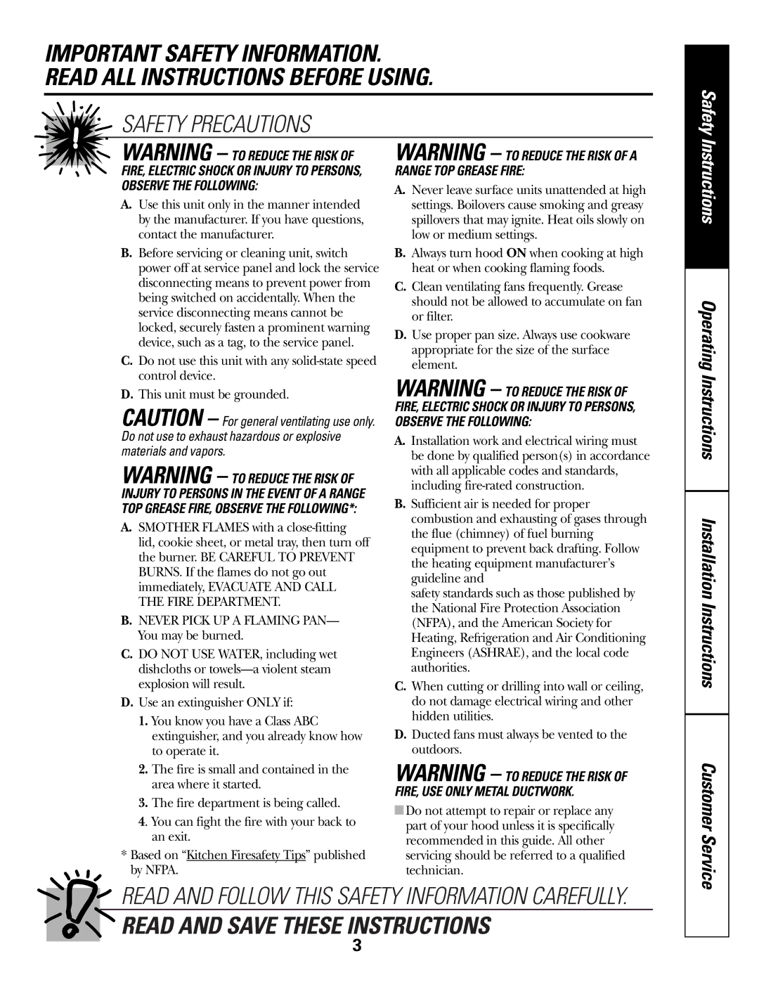 GE JV535, JV536, JV565, JV566, JV635, JV636, JV665, JV666 owner manual Read and Save These Instructions 