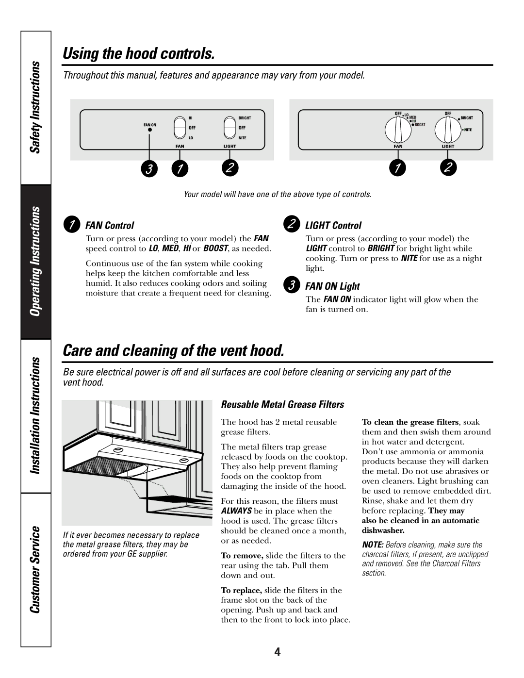 GE JV535 owner manual Using the hood controls, Care and cleaning of the vent hood 