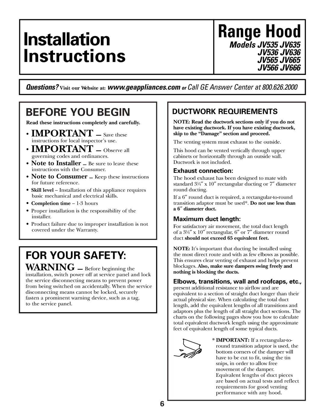 GE JV535 owner manual Installation Instructions Range Hood, Ductwork Requirements 