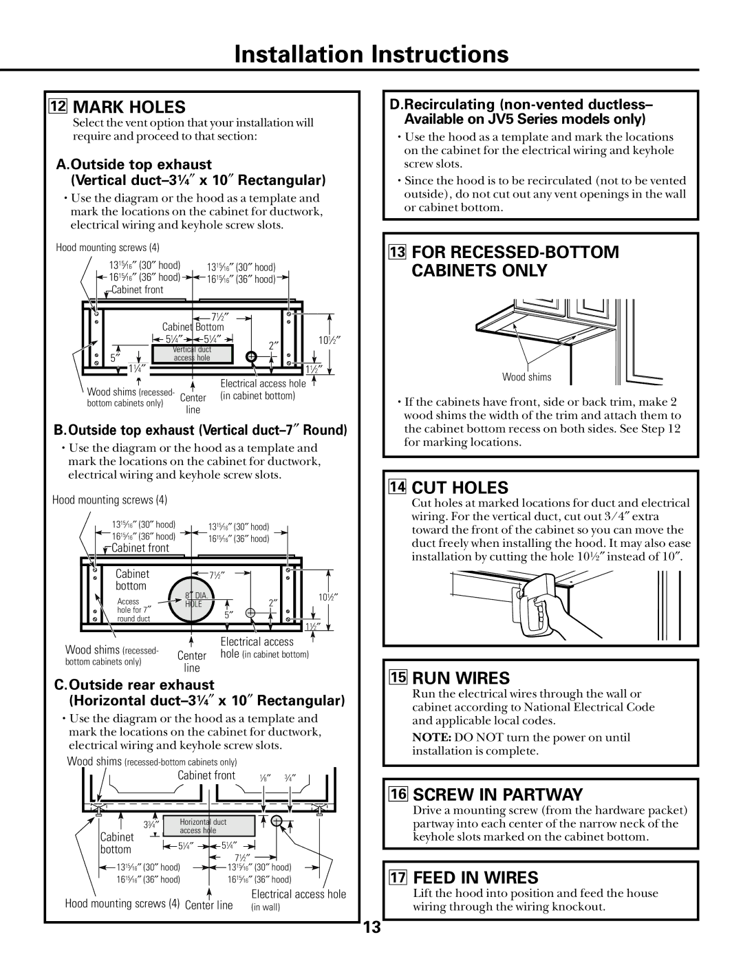 GE JV536, JV565, JV636, JV566, JV635, JV666, JV665, JV535 Mark Holes, CUT Holes, RUN Wires, Screw in Partway, Feed in Wires 