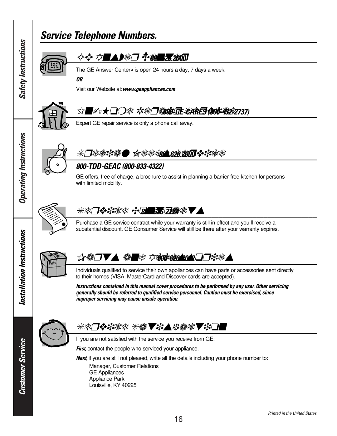 GE JV565, JV636, JV566, JV635, JV666, JV536, JV665, JV535 owner manual Service Telephone Numbers, GE Answer Center 