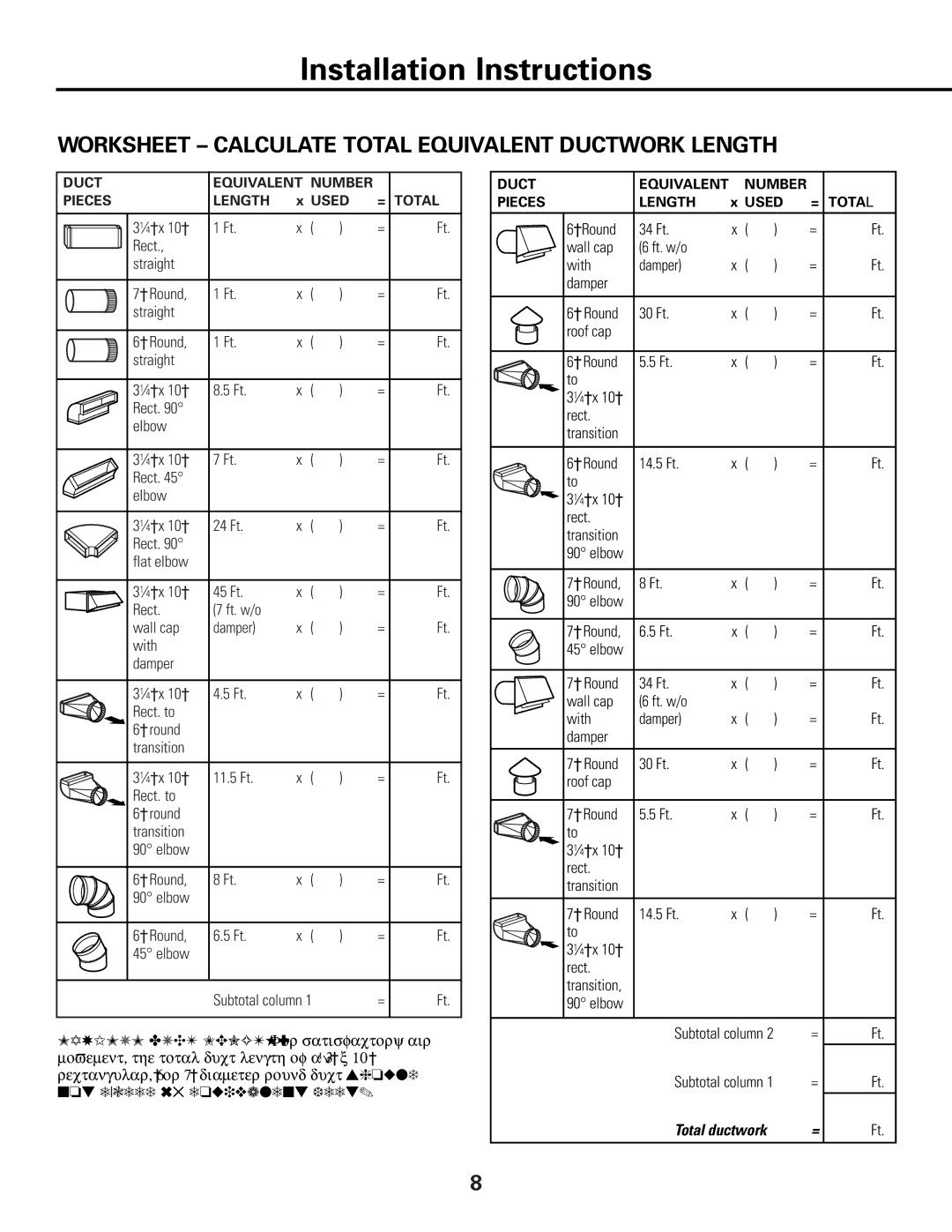 GE JV565, JV636, JV566, JV635, JV666, JV536, JV665, JV535 owner manual Worksheet Calculate Total Equivalent Ductwork Length 