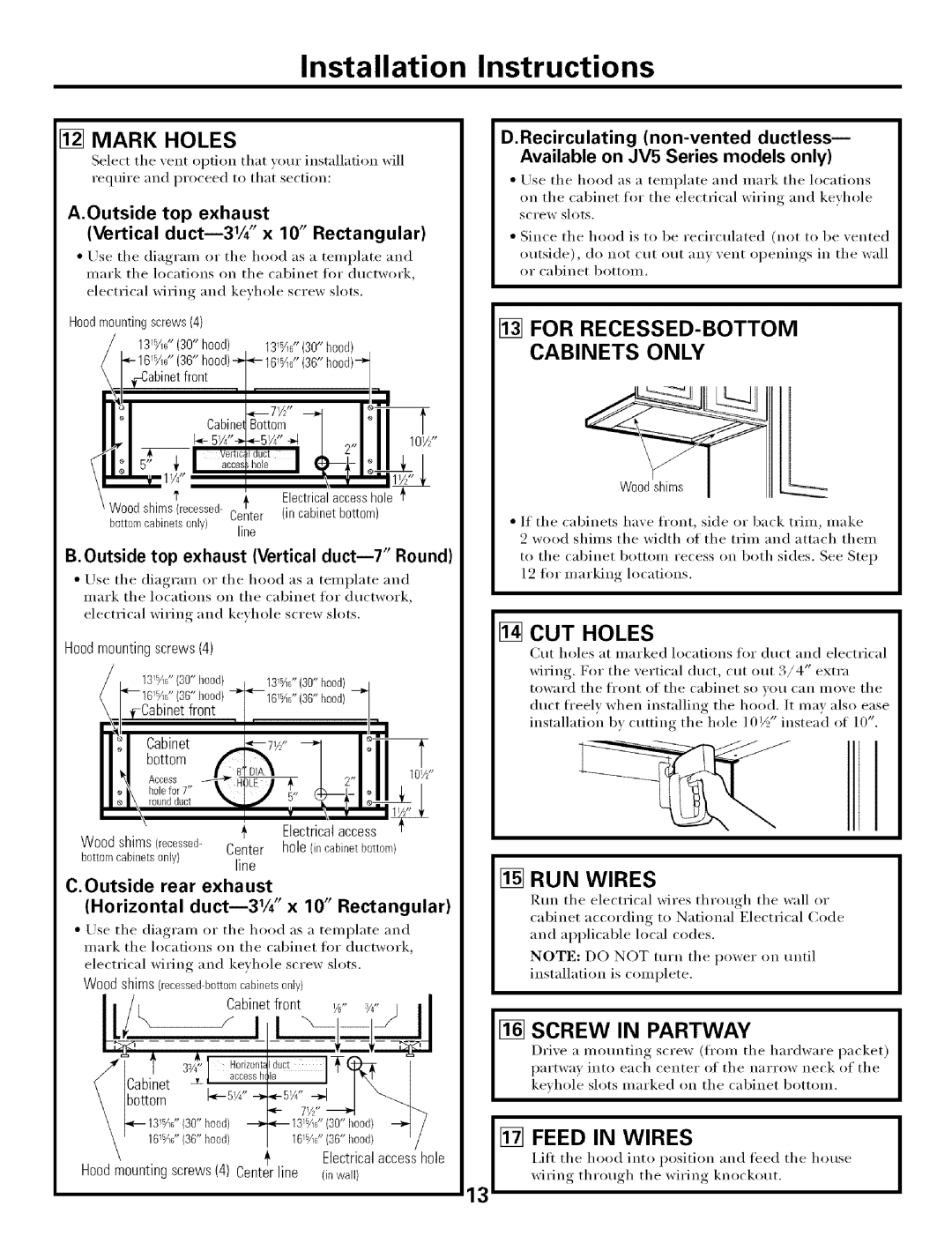 GE JV655 installation instructions Mark Holes, For RECESSED-BOTTOM, CUT Holes, Screw in Partway 