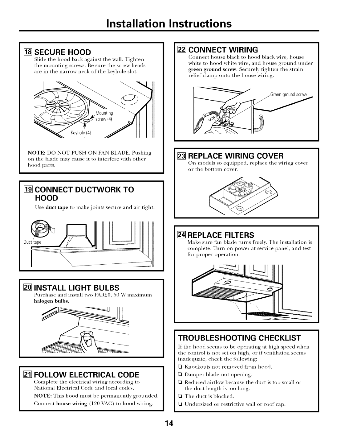 GE JV655 Connect Wiring, Connect Ductwork to Hood, Install Light Bulbs, Replace Wiring Cover, Replace Filters 