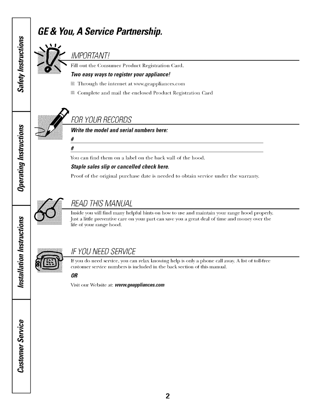 GE JV655 installation instructions GE& You,A Service Partnership, Two easy ways to register your appliance 