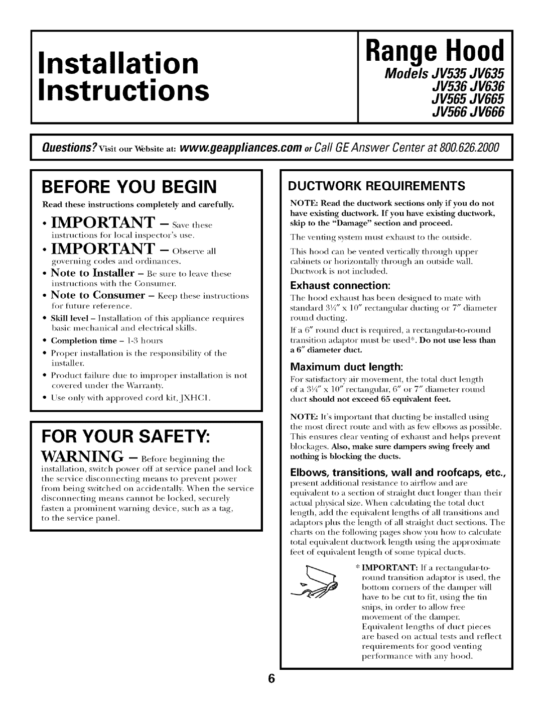 GE JV655 installation instructions Nstruct,ons, Ductwork Requirements 