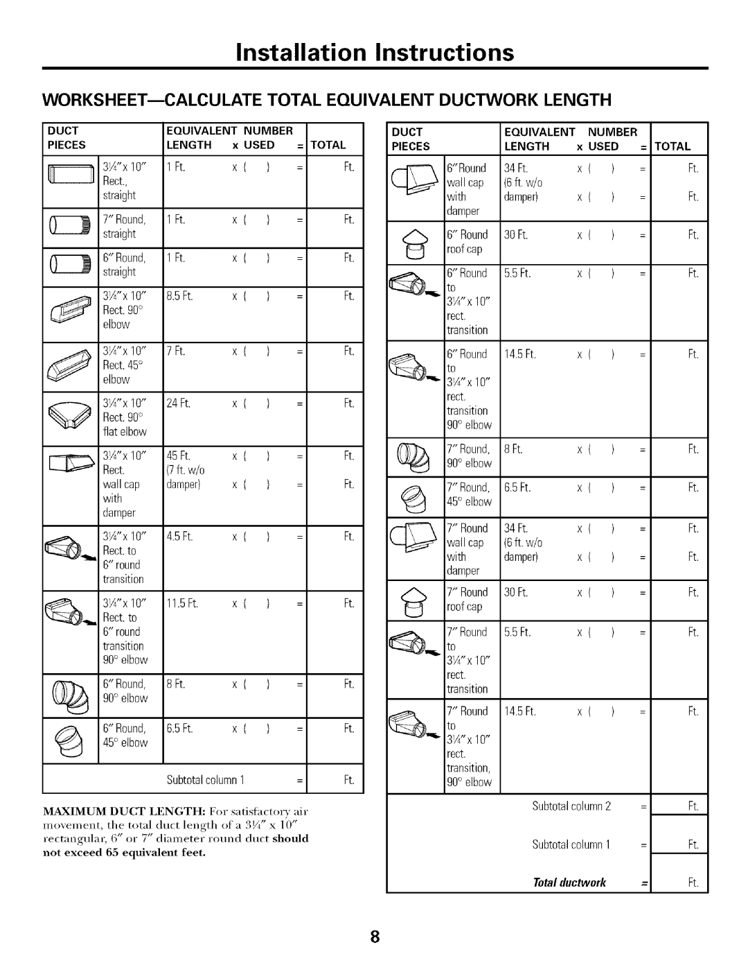 GE JV655 installation instructions WORKSHEET--CALCULATE Total Equivalent, Ductwork Length, 1Ft Rect Straight, Damper 