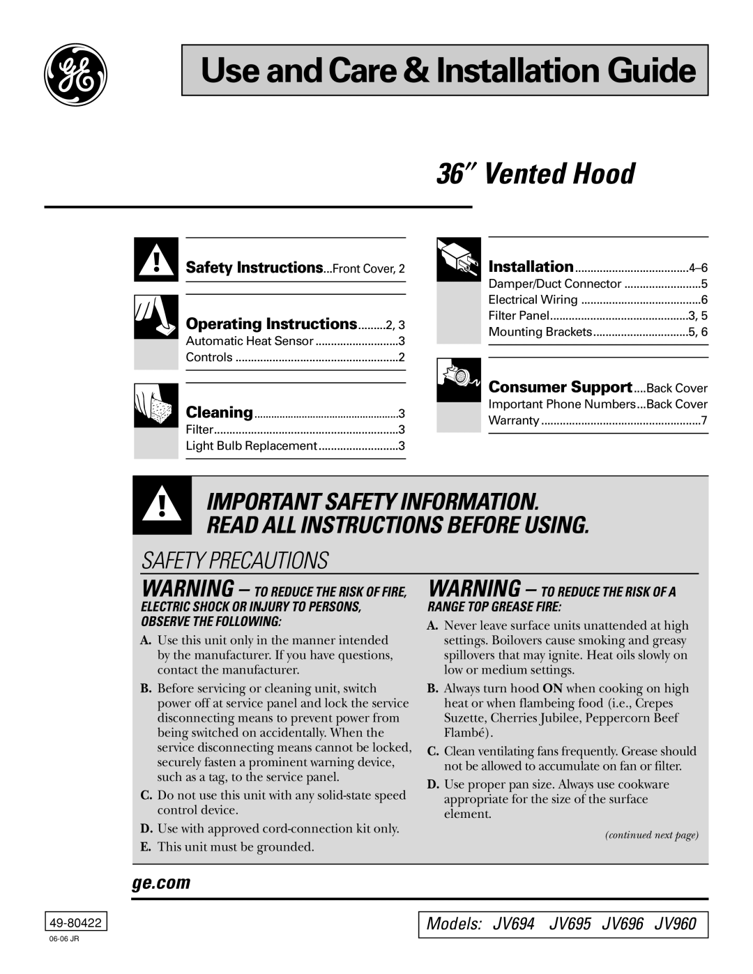 GE JV694 warranty Use and Care & Installation Guide 