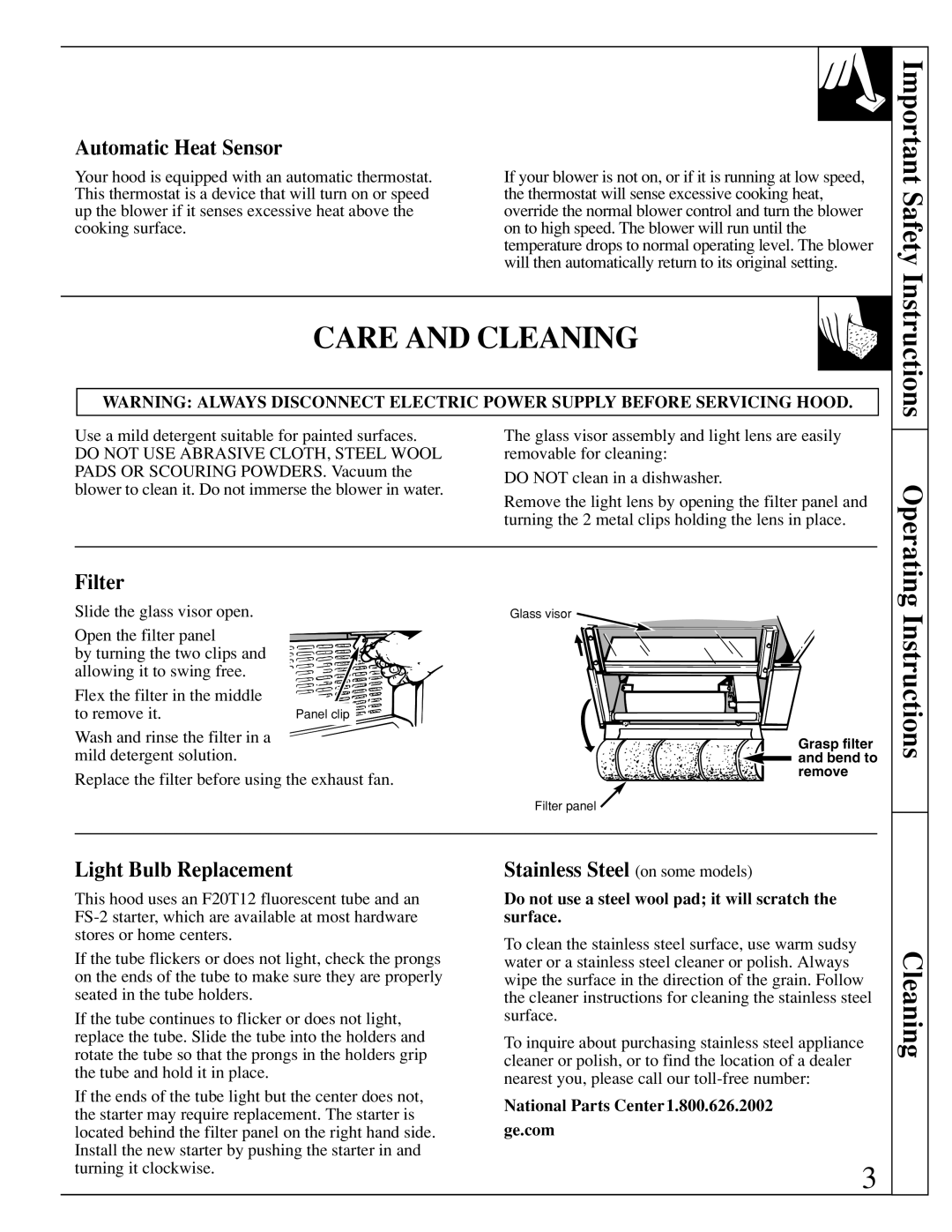 GE JV694 warranty Care and Cleaning, Automatic Heat Sensor, Filter, Light Bulb Replacement 