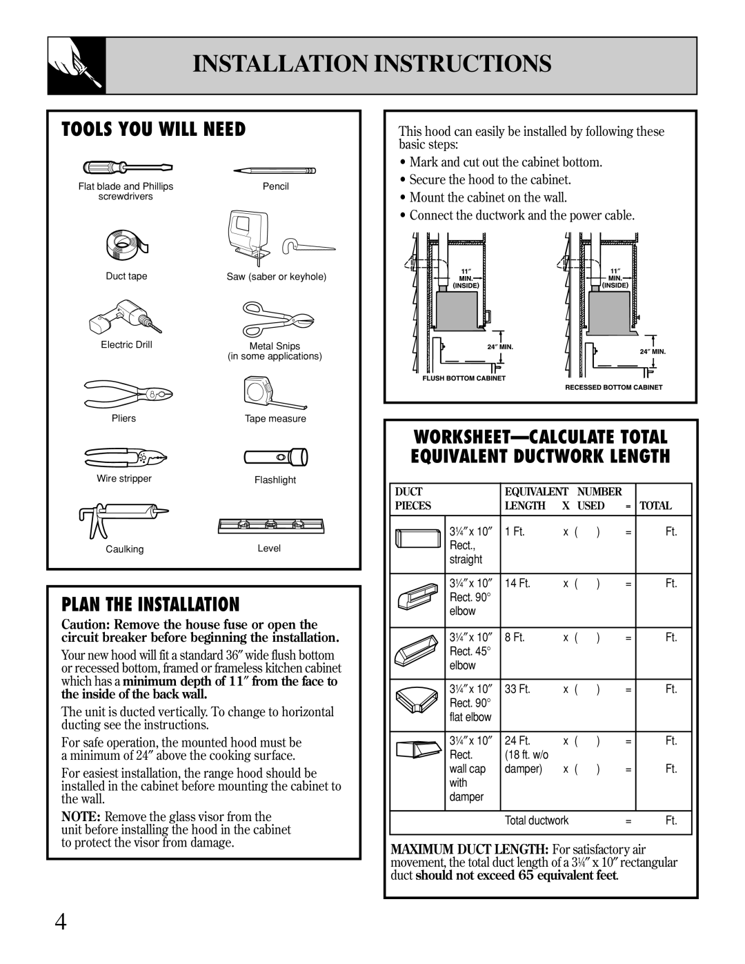 GE JV694 warranty Installation Instructions, Tools YOU will Need, Plan the Installation 