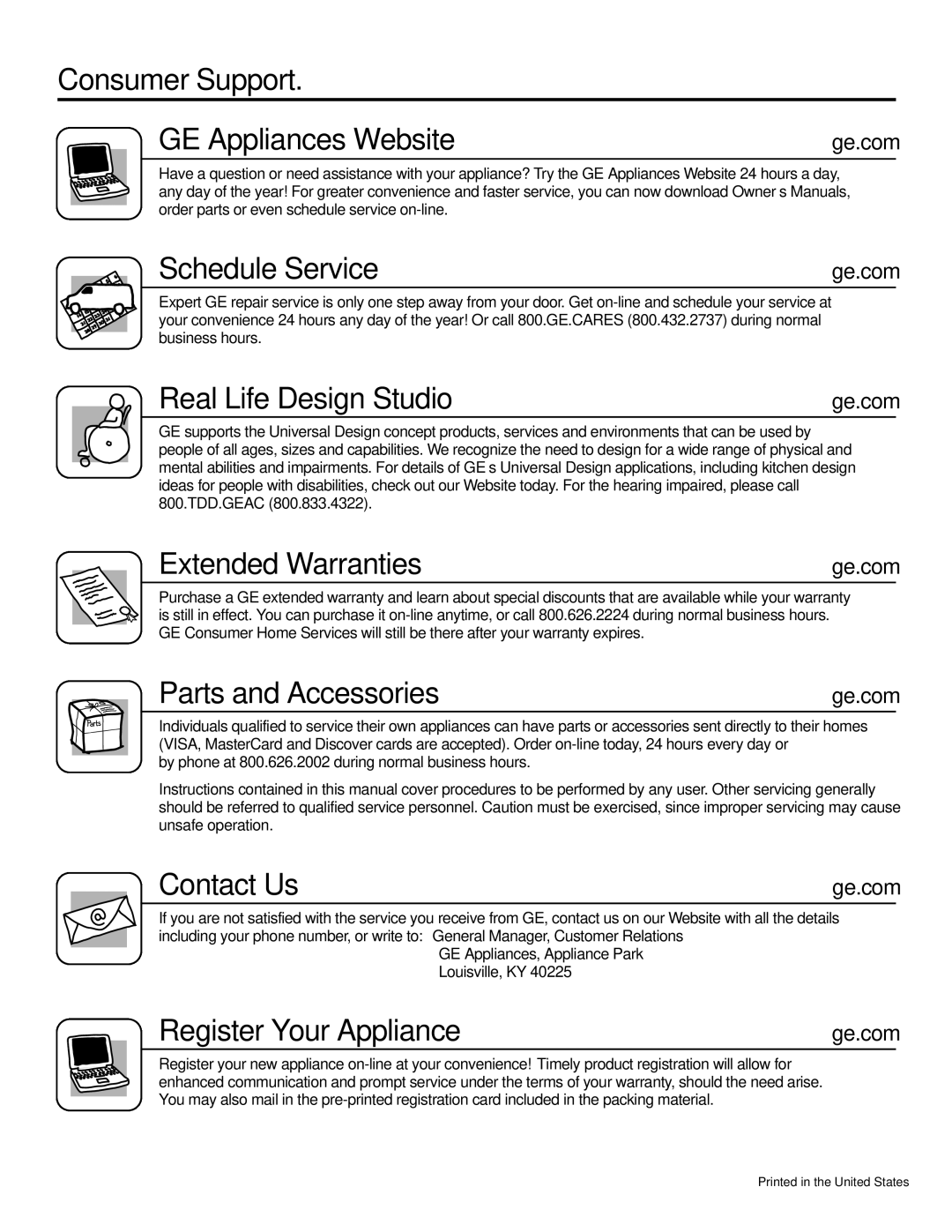 GE JV694 warranty Consumer Support GE Appliances Website 