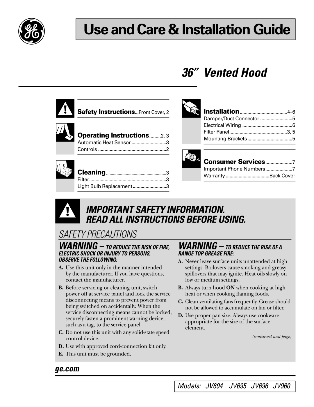 GE JV695, JV696, JV694, JV960 operating instructions Use and Care & Installation Guide 