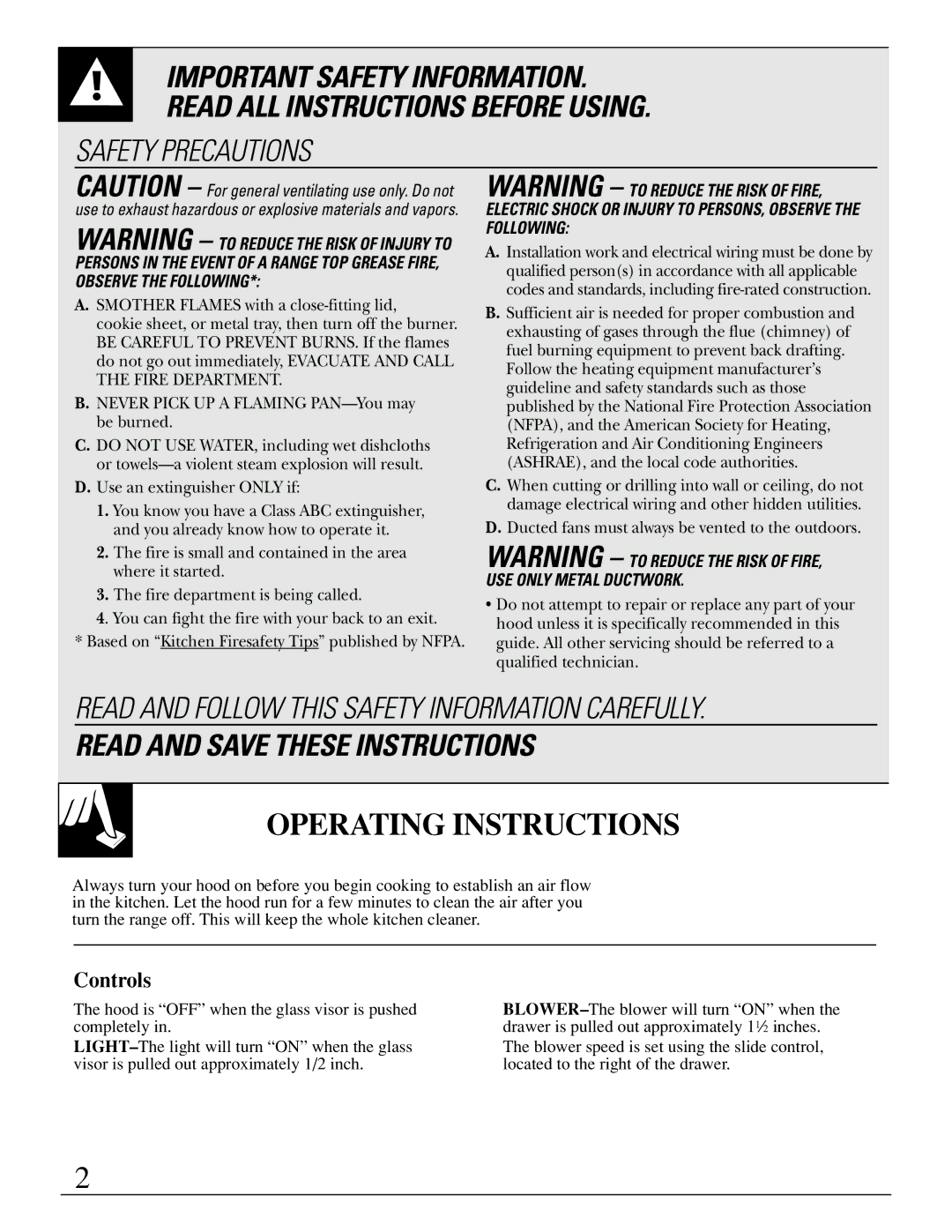 GE JV694, JV696, JV695, JV960 operating instructions Operating Instructions, Controls 