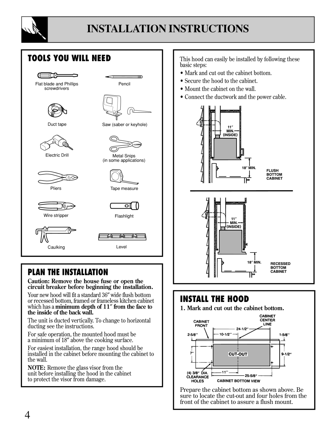 GE JV696, JV695, JV694, JV960 operating instructions Installation Instructions, Mark and cut out the cabinet bottom 