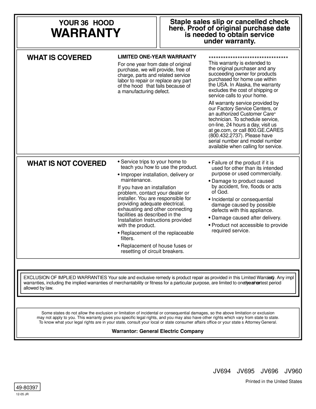 GE JV696, JV695, JV694, JV960 operating instructions Warranty 