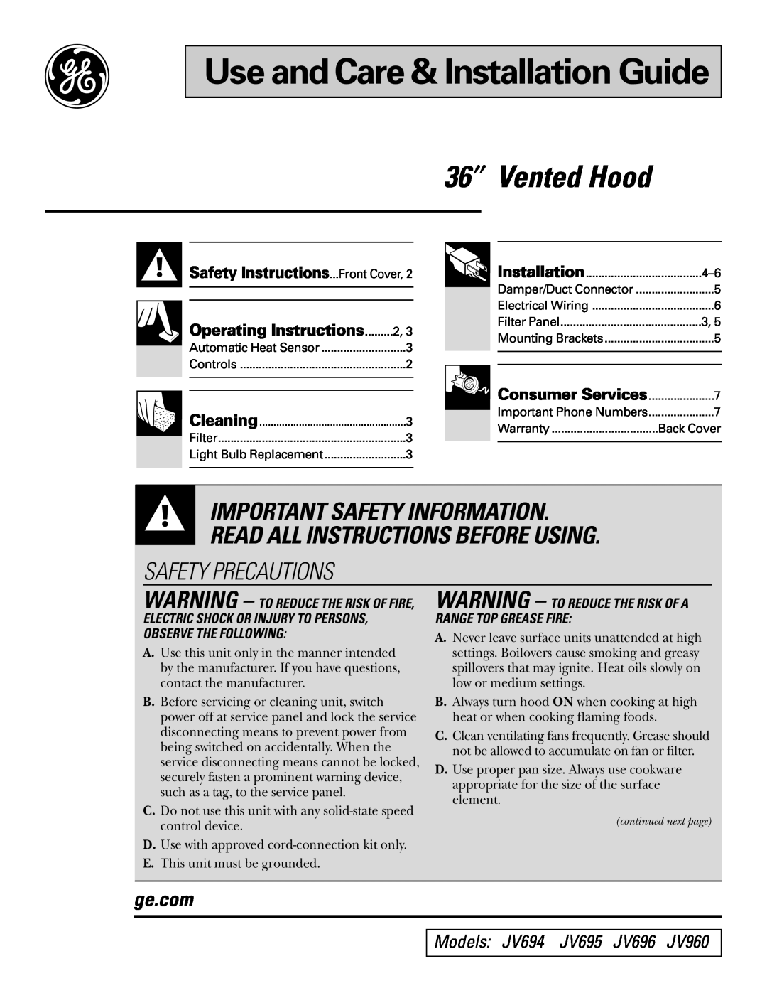 GE JV695 operating instructions Safety Precautions, Important Safety Information. Read All Instructions Before Using 