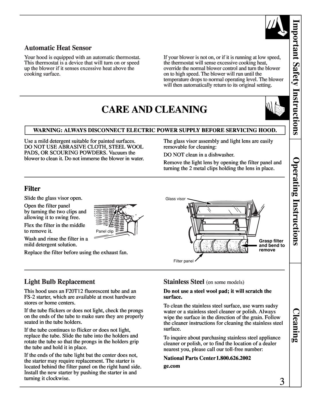 GE JV960, JV696 Care And Cleaning, Important Safety, Instructions, Automatic Heat Sensor, Filter, Light Bulb Replacement 