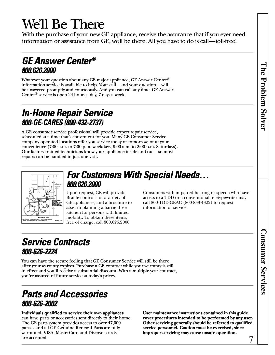 GE JV960 The Problem Solver, We’ll Be There, GE Answer Center, In-Home Repair Service, For Customers With Special Needs… 