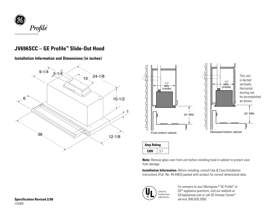 GE JV694S dimensions JV696SCC GE Profile Slide-Out Hood, Installation Information and Dimensions in inches, 24-1/8, 10-1/2 