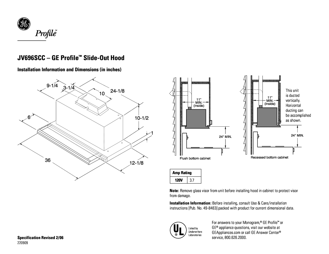 GE JV694S dimensions JV696SCC - GE Profile Slide-Out Hood, Installation Information and Dimensions in inches, 9-1/4, 3-1/4 
