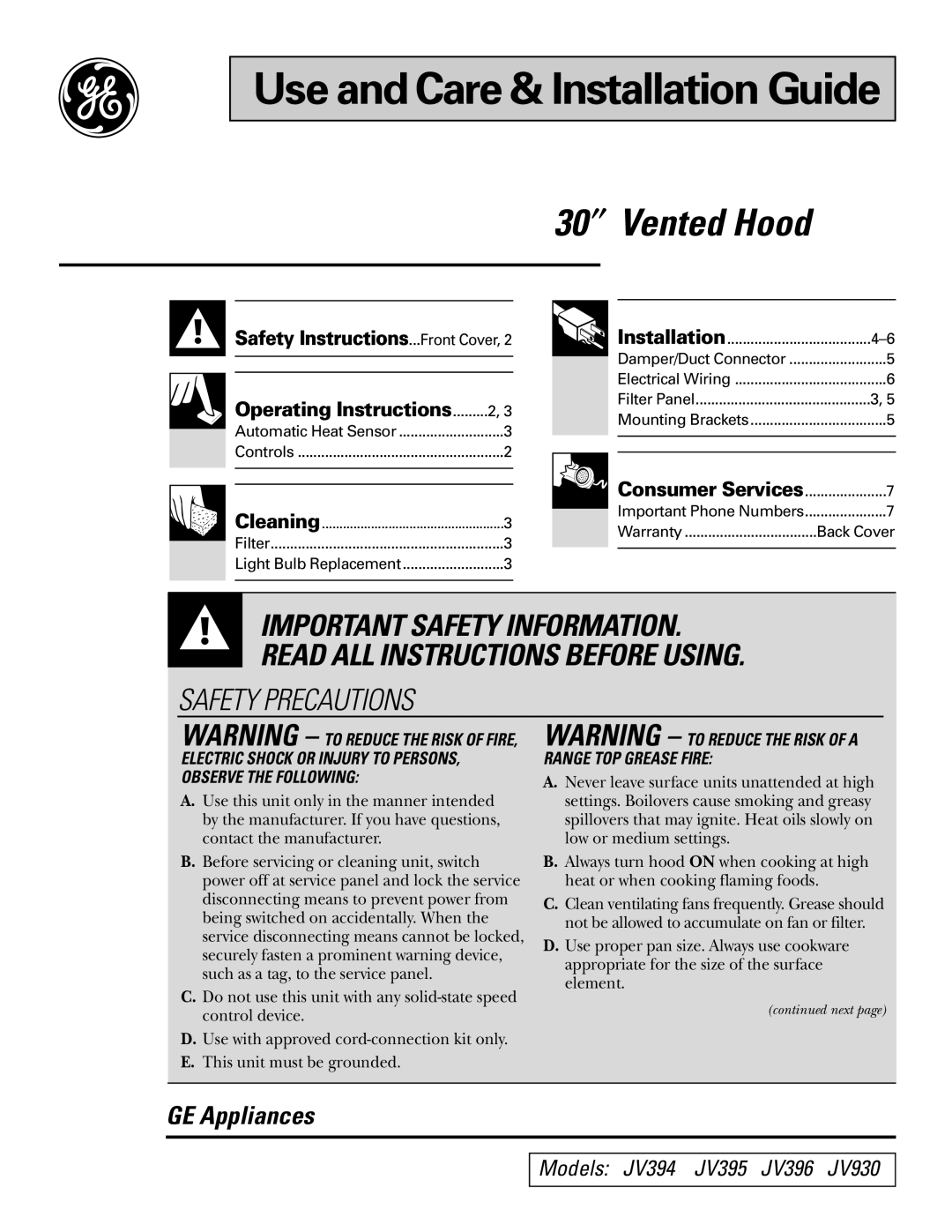 GE JV396, JV930, JV394, JV395 operating instructions Use and Care & Installation Guide 