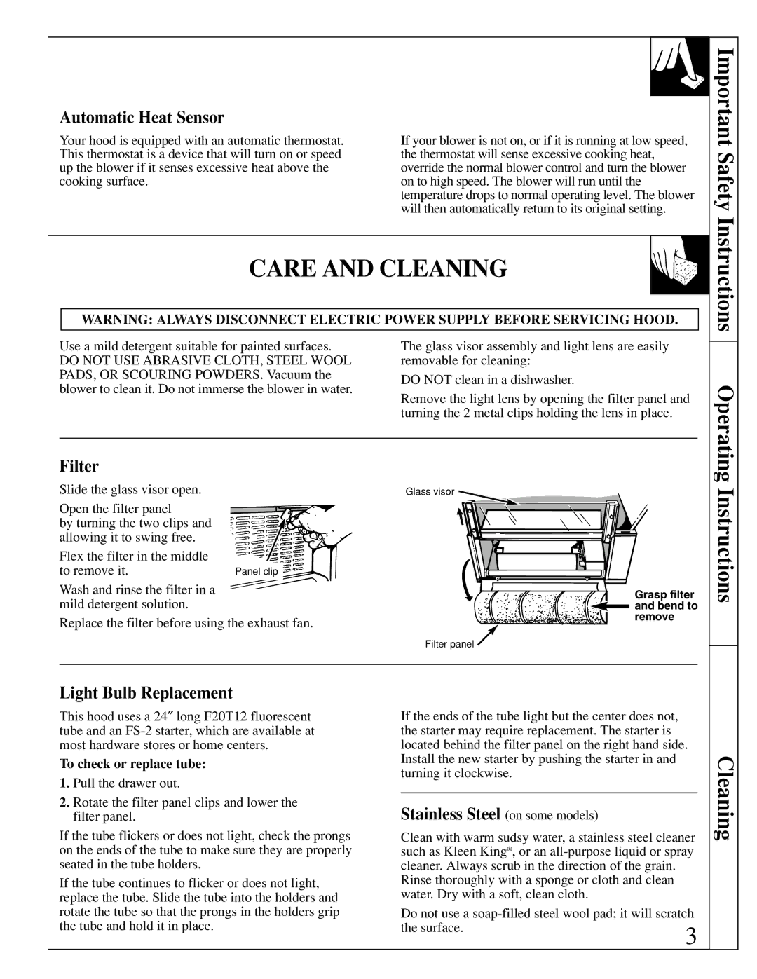 GE JV395, JV930 Care and Cleaning, Automatic Heat Sensor, Filter, Light Bulb Replacement, Stainless Steel on some models 