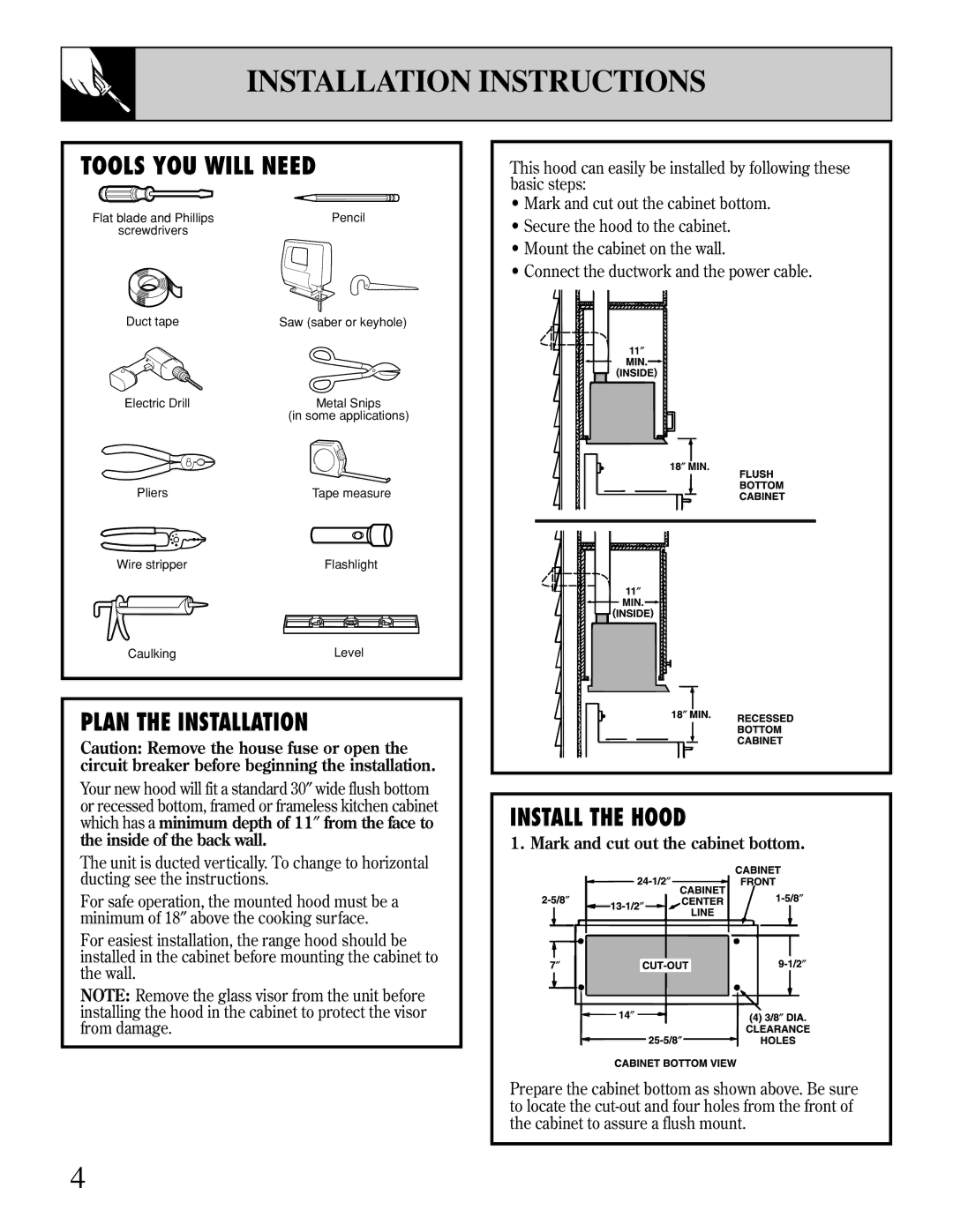 GE JV930, JV396, JV394, JV395 operating instructions Installation Instructions, Mark and cut out the cabinet bottom 