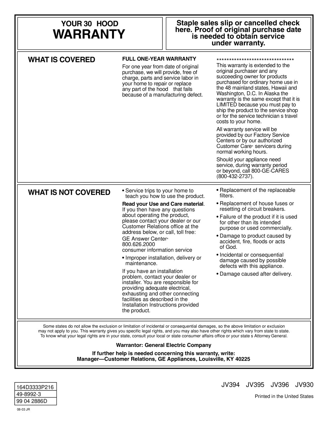 GE JV930, JV396, JV394, JV395 operating instructions Warranty 