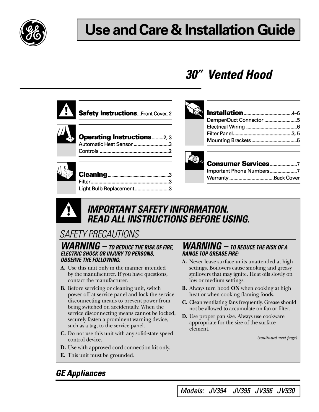 GE JV396 operating instructions Safety Precautions, Important Safety Information. Read All Instructions Before Using 